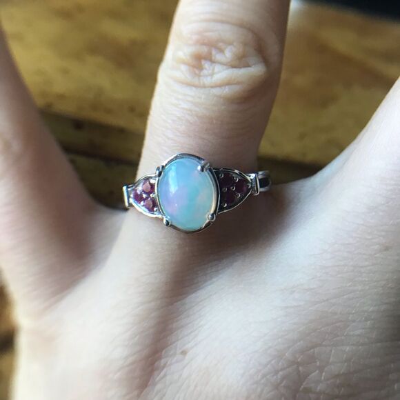 Natural Ethiopian Welo Opal Ruby Sterling Silver Ring Size 9 - Picture 1 of 8